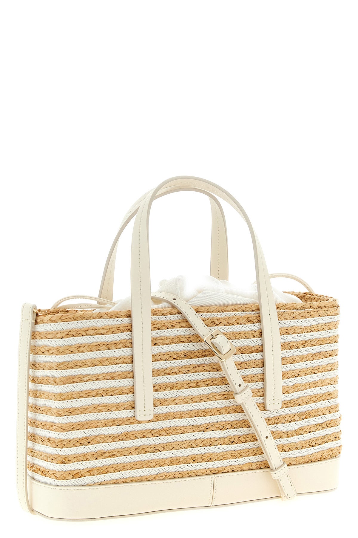 small viv skate shopping bag in woven raffia and striped grosgrain pattern