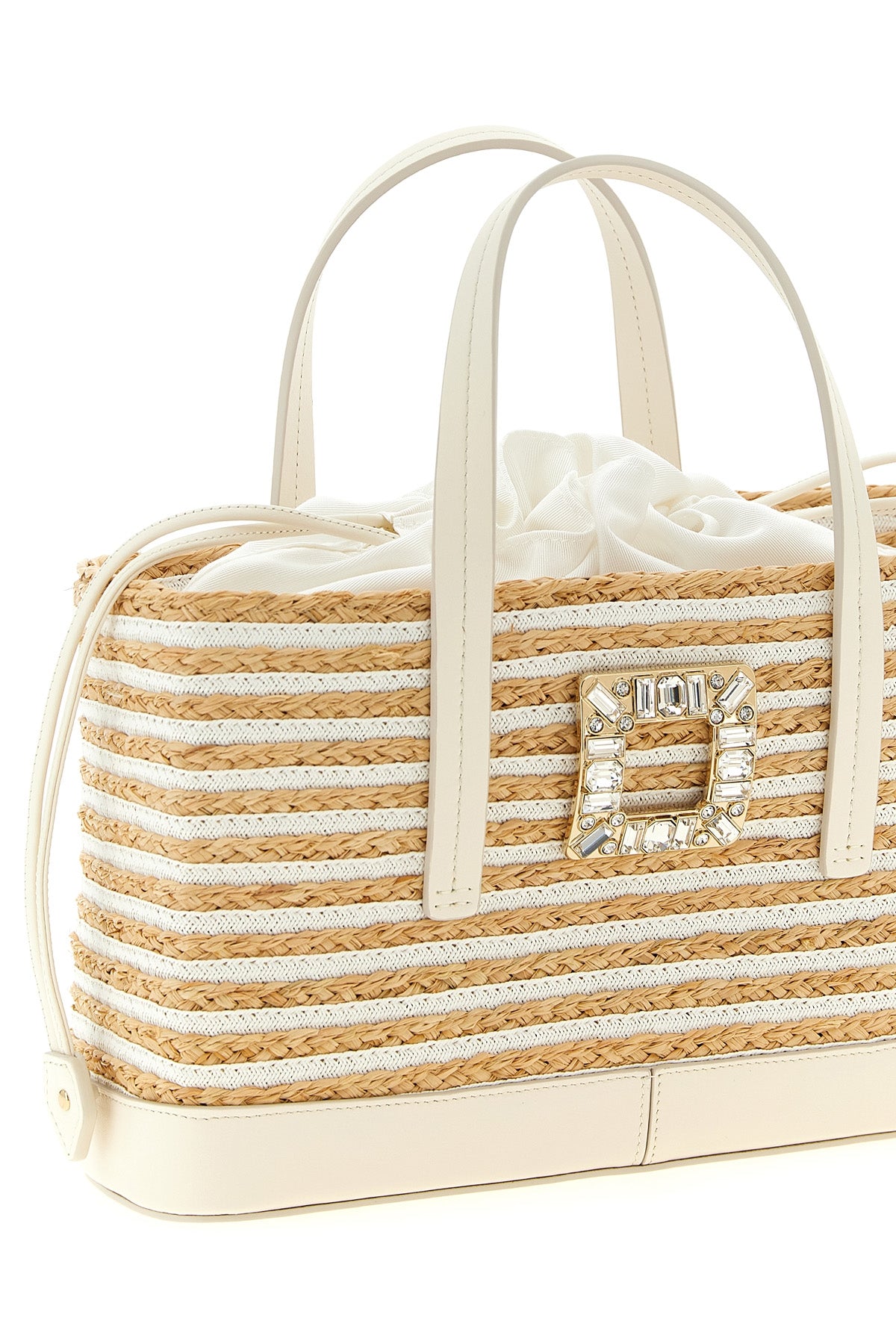 small viv skate shopping bag in woven raffia and striped grosgrain pattern