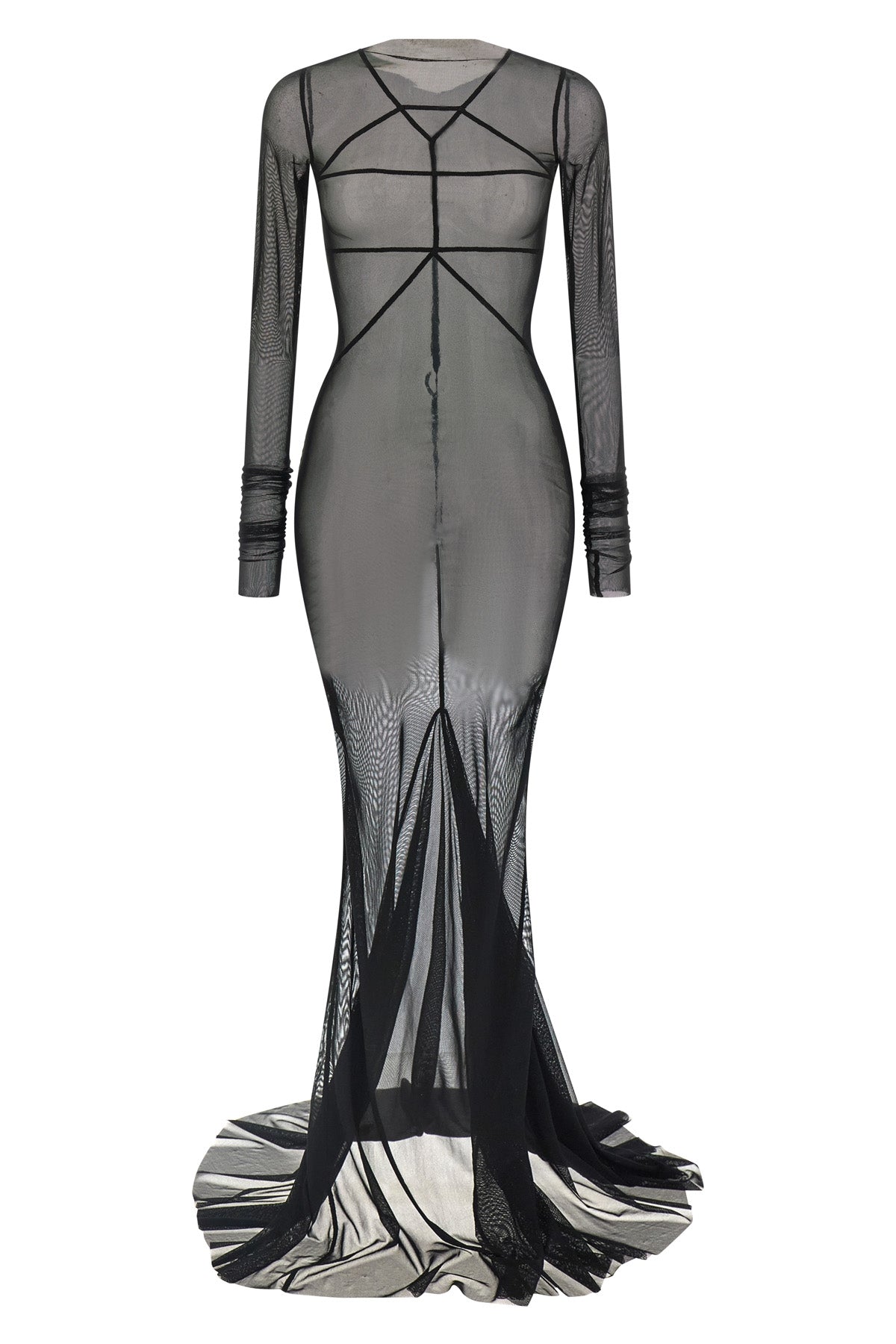 extra long temple dress in semi-transparent stretch nylon tulle