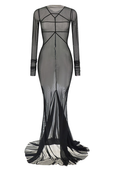 extra long temple dress in semi-transparent stretch nylon tulle