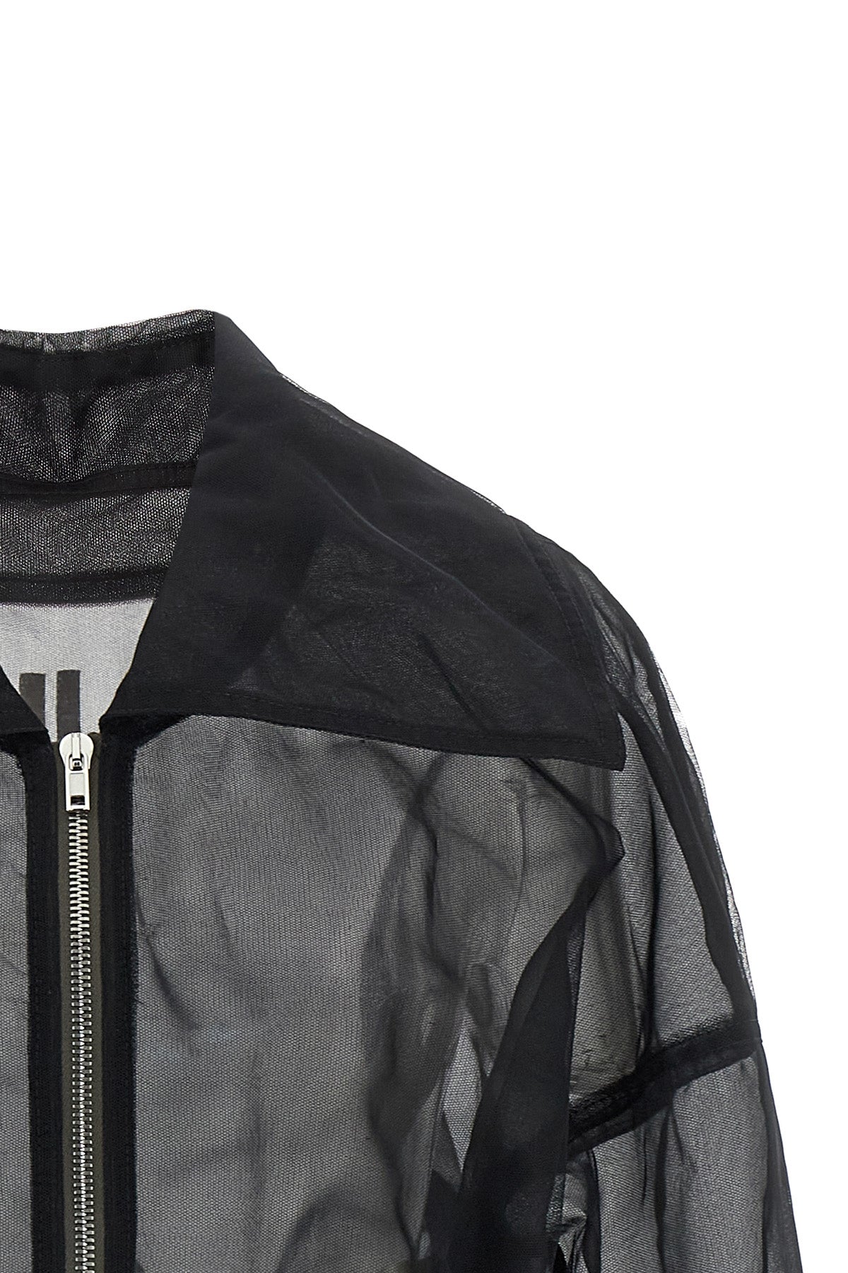 dracucollar cropped bomber jacket in semi-transparent doubled tulle