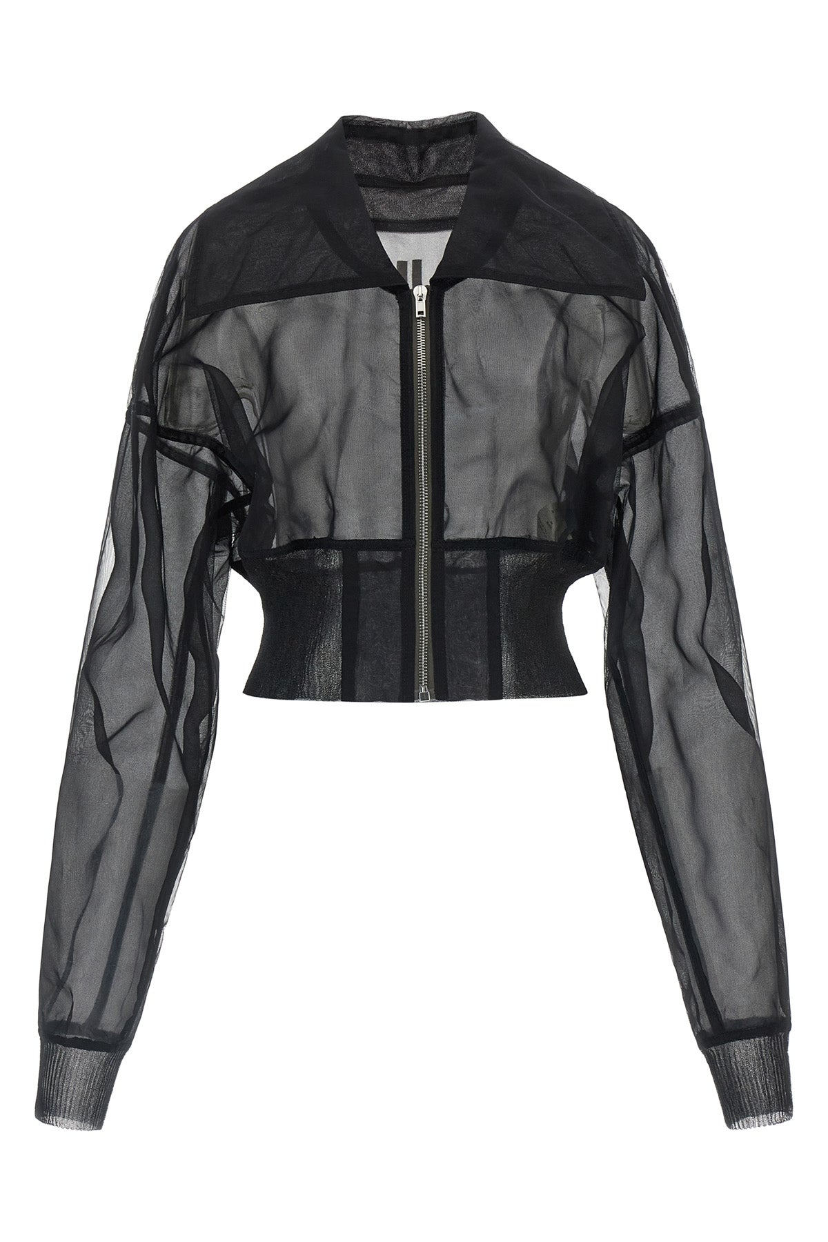 dracucollar cropped bomber jacket in semi-transparent doubled tulle