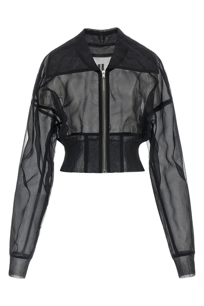 dracucollar cropped bomber jacket in semi-transparent doubled tulle