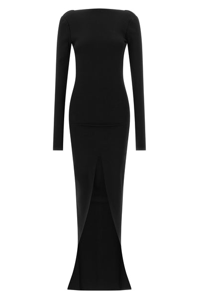 the long rick owens tight dress defines a sculptural and enveloping silhouette