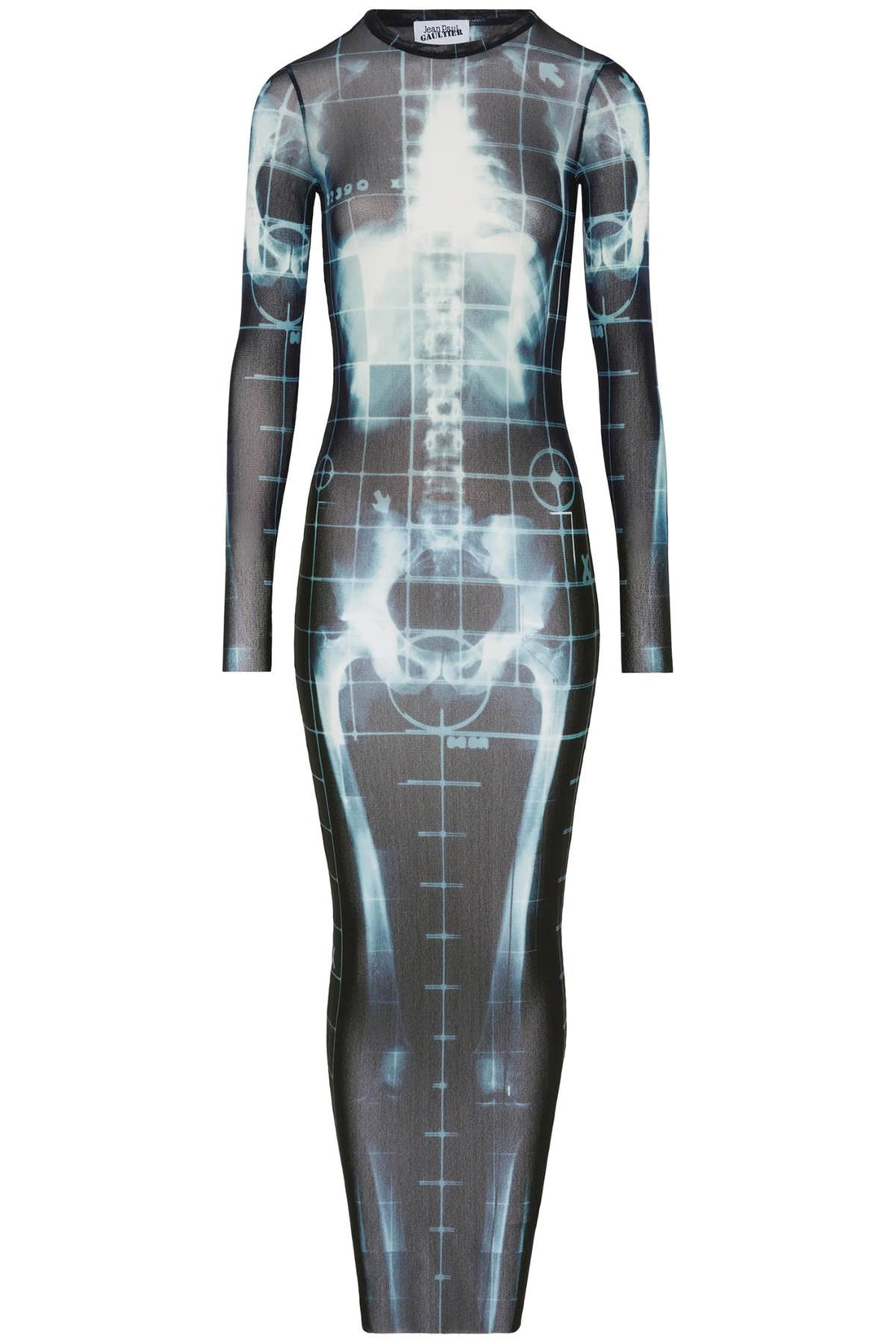 long dress with x-ray print in black, blue, and light blue squeletor