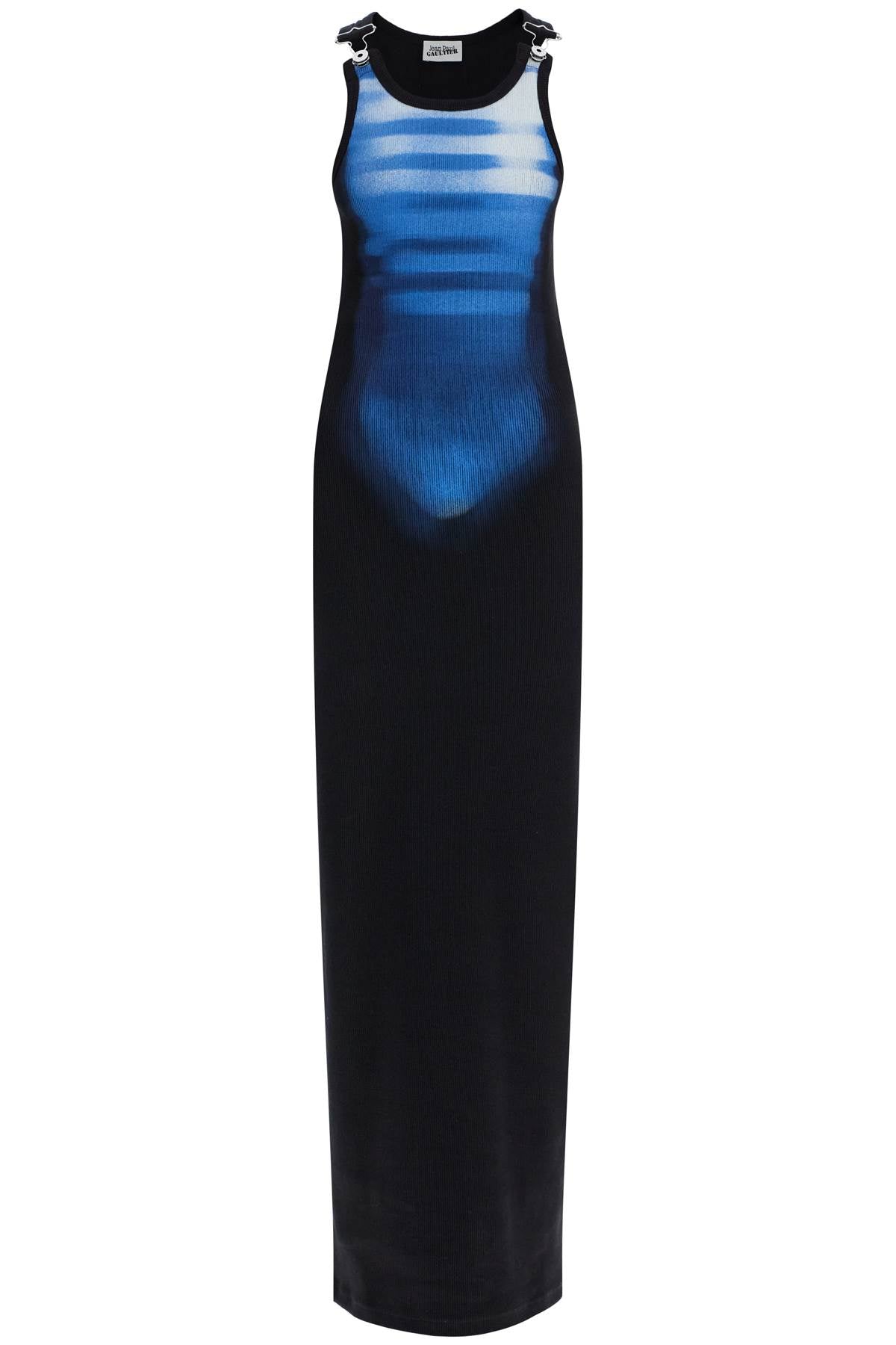 long fitted sleeveless dress in black and blue ribbed cotton