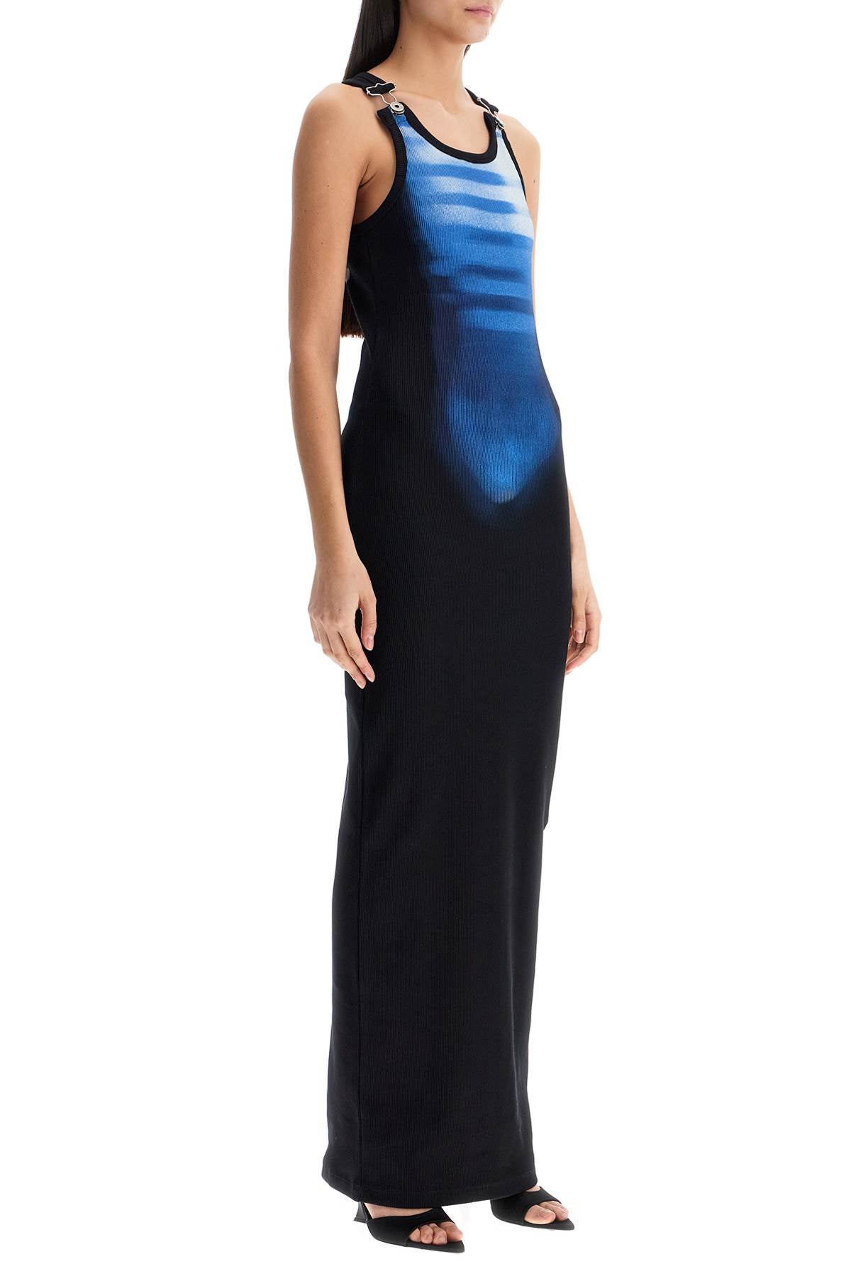 long fitted sleeveless dress in black and blue ribbed cotton