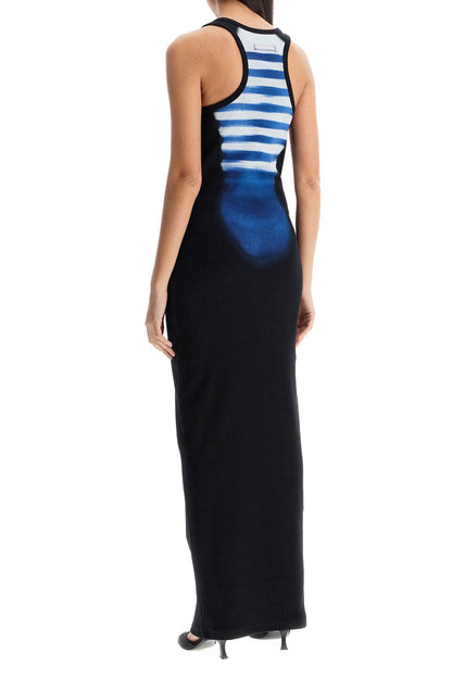 long fitted sleeveless dress in black and blue ribbed cotton