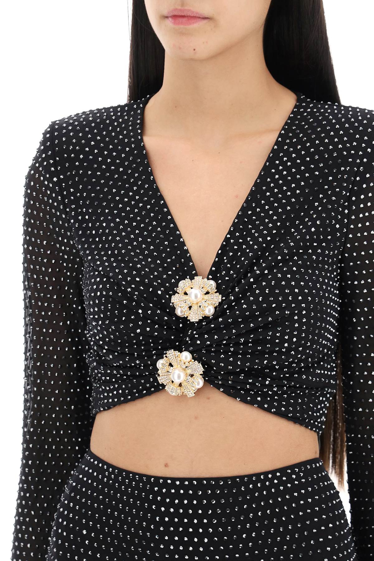 rhinestone-studded cropped top with diamanté brooches