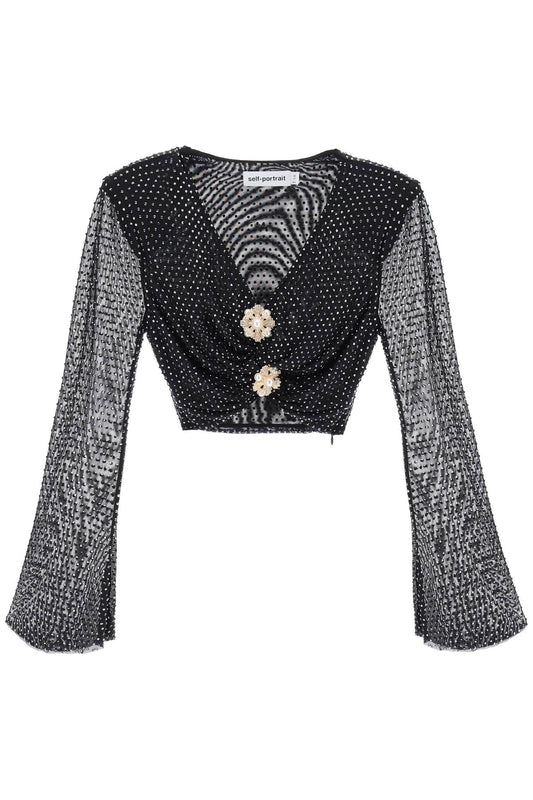 rhinestone-studded cropped top with diamanté brooches