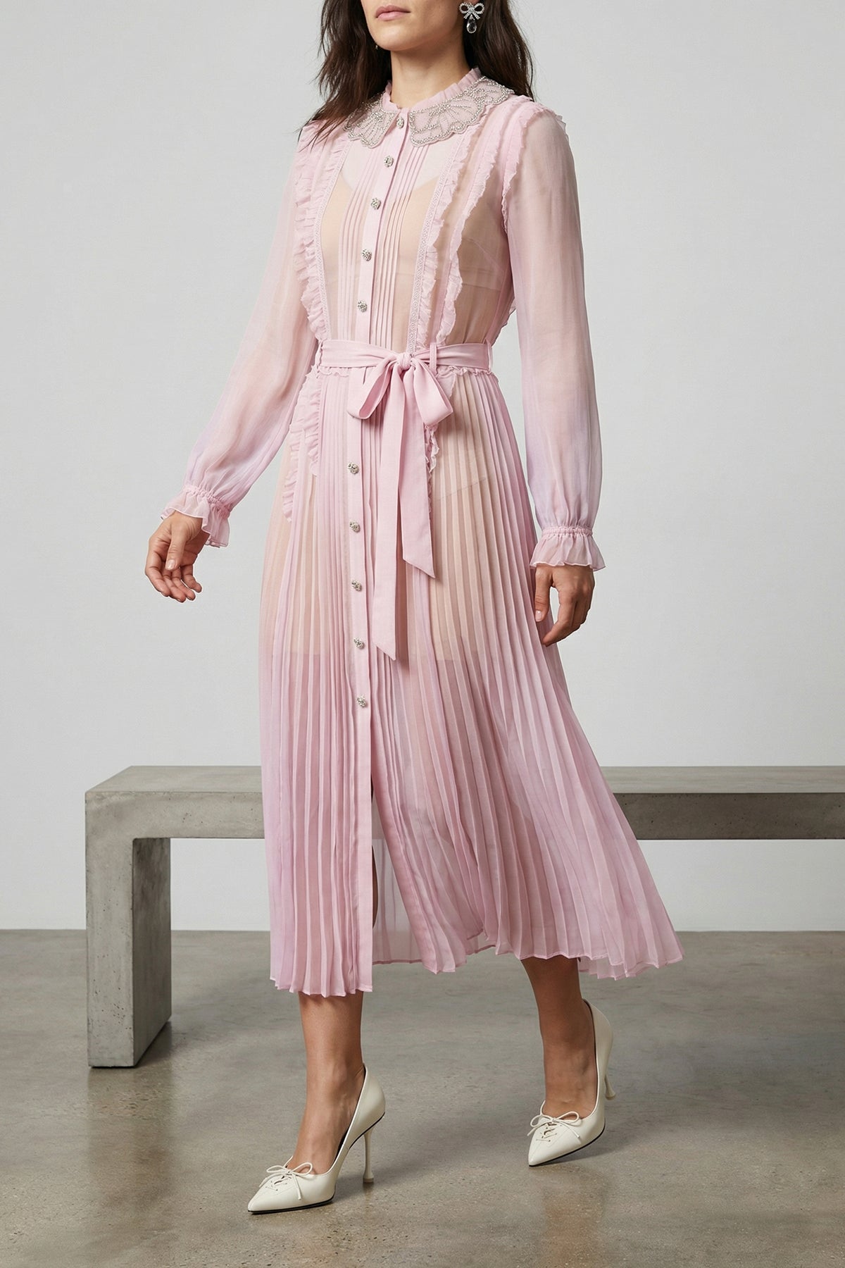pleated georgette midi dress Self Portrait Pink Pleated Georgette Midi Dresses In Pleated Viscose  Georgette