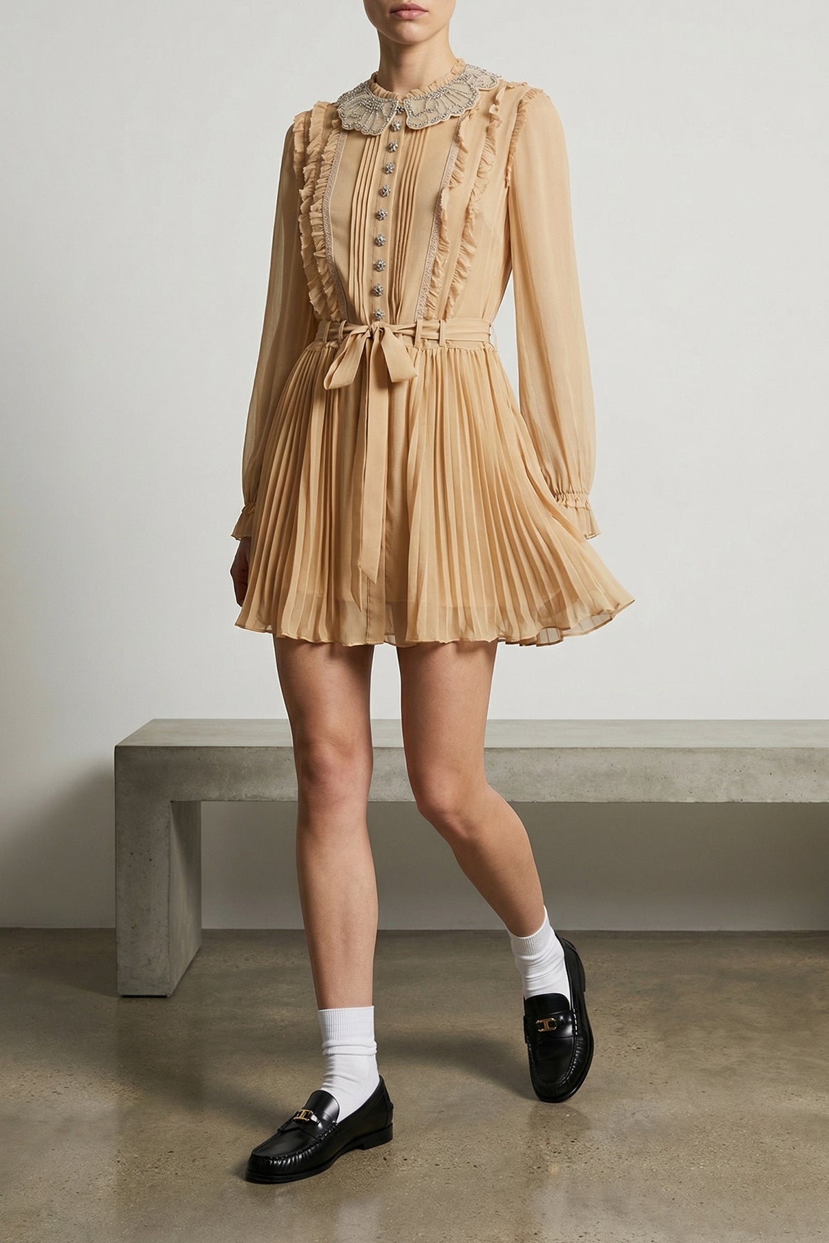 tan pleated georgette mini dress in pleated viscose georgette