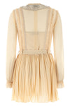 tan pleated georgette mini dress in pleated viscose georgette