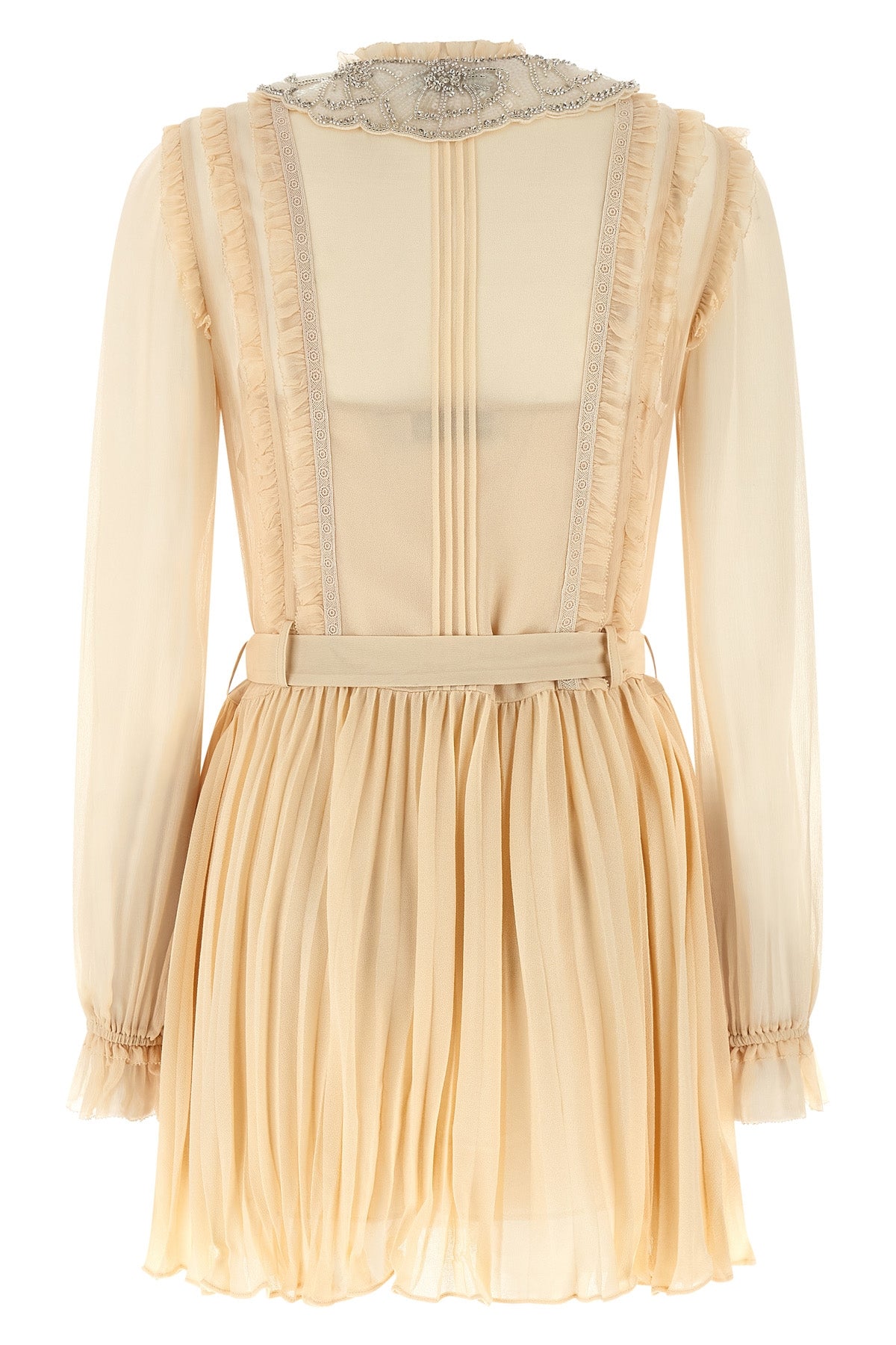 tan pleated georgette mini dress in pleated viscose georgette