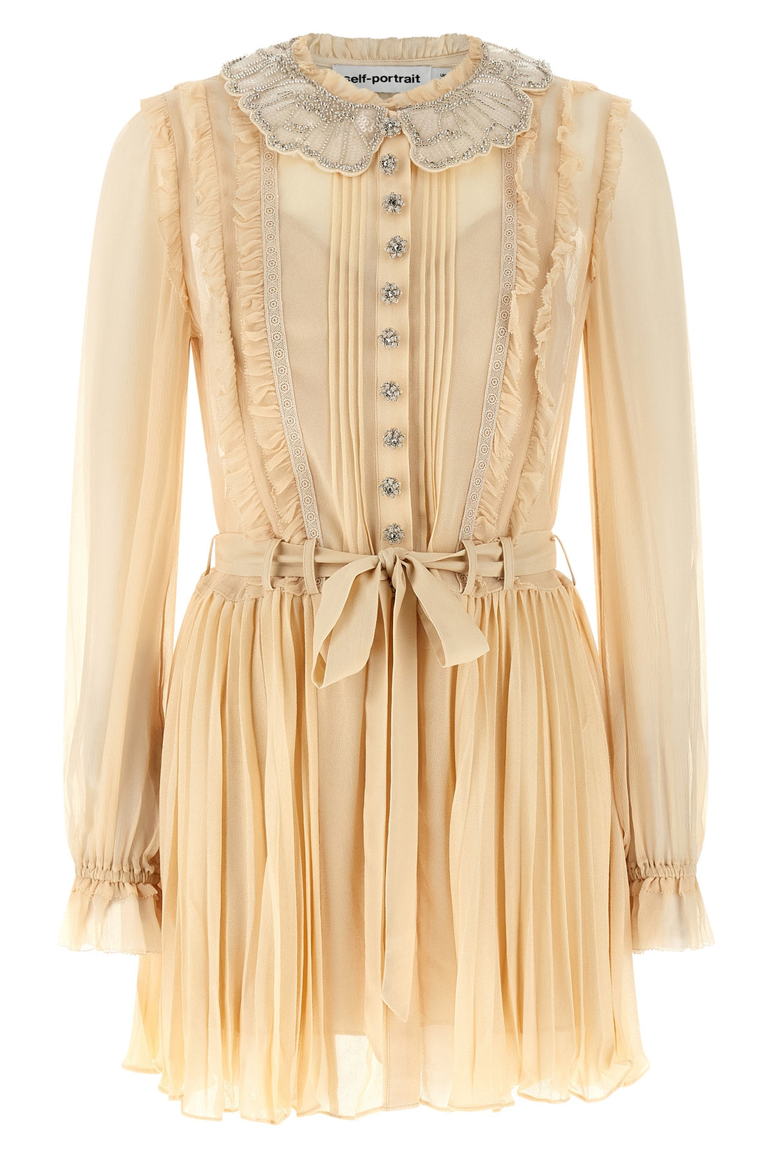 SELF PORTRAIT 6 tan pleated georgette mini dress in pleated viscose georgette