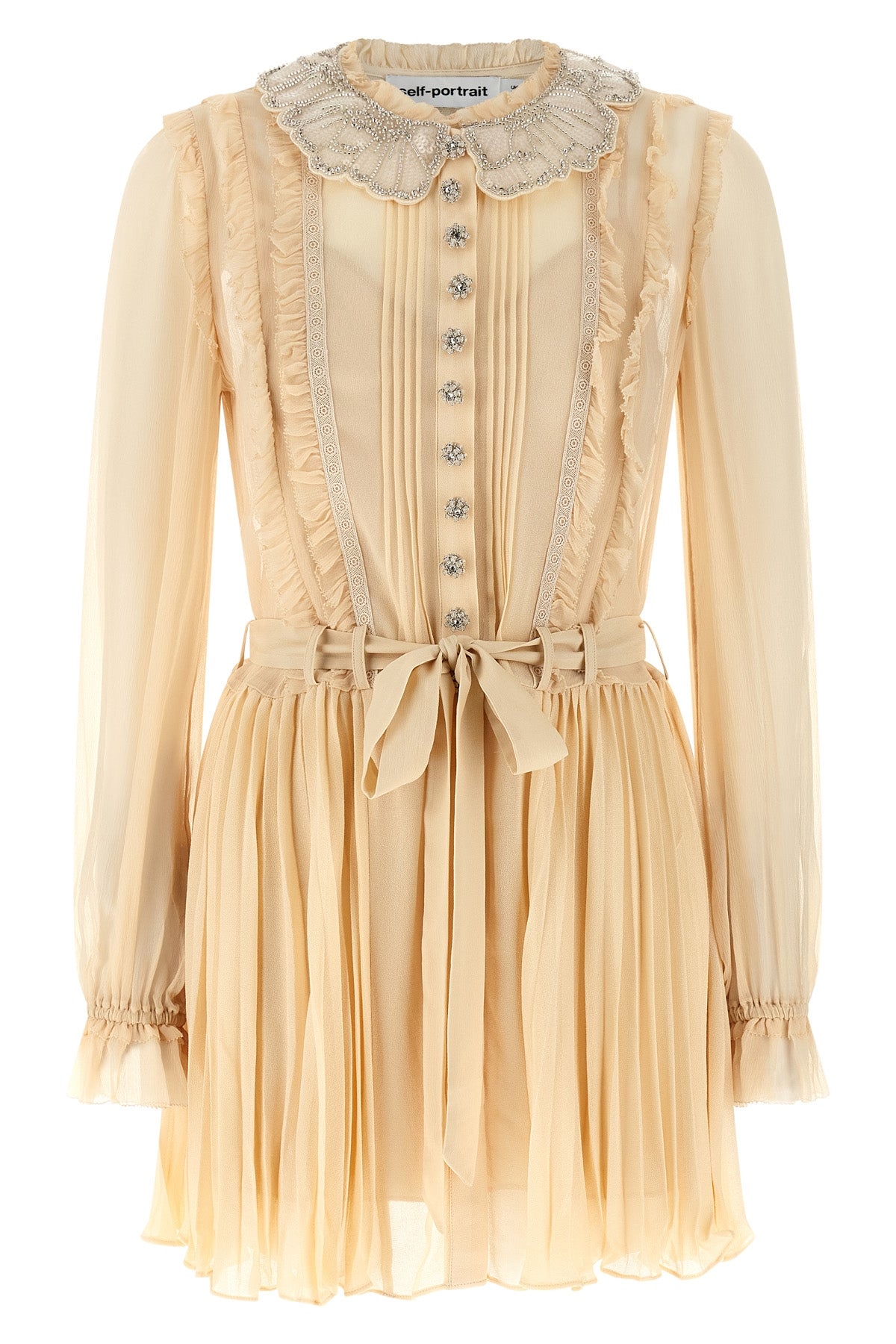 tan pleated georgette mini dress in pleated viscose georgette