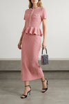 pink peplum knit midi waffle knit dress