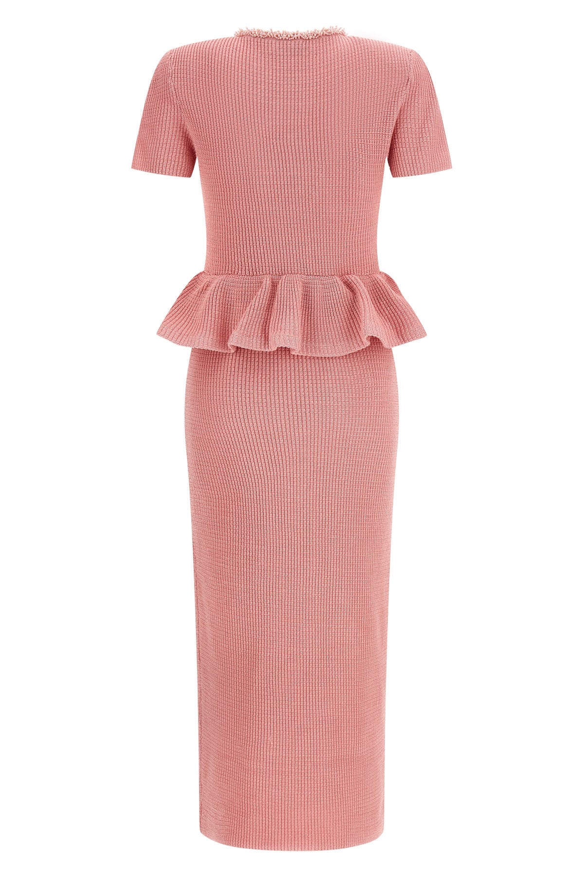 pink peplum knit midi waffle knit dress