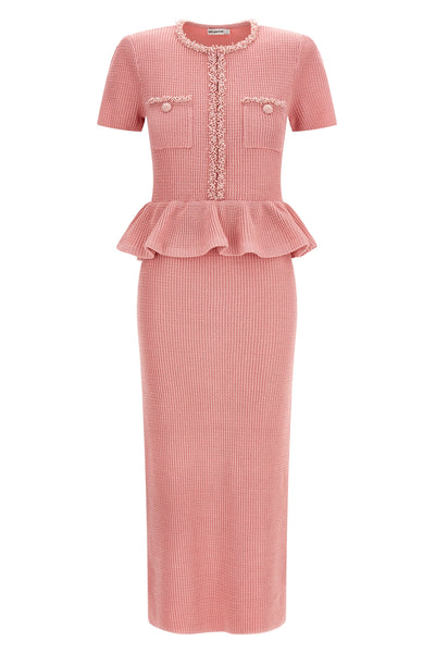 pink peplum knit midi waffle knit dress