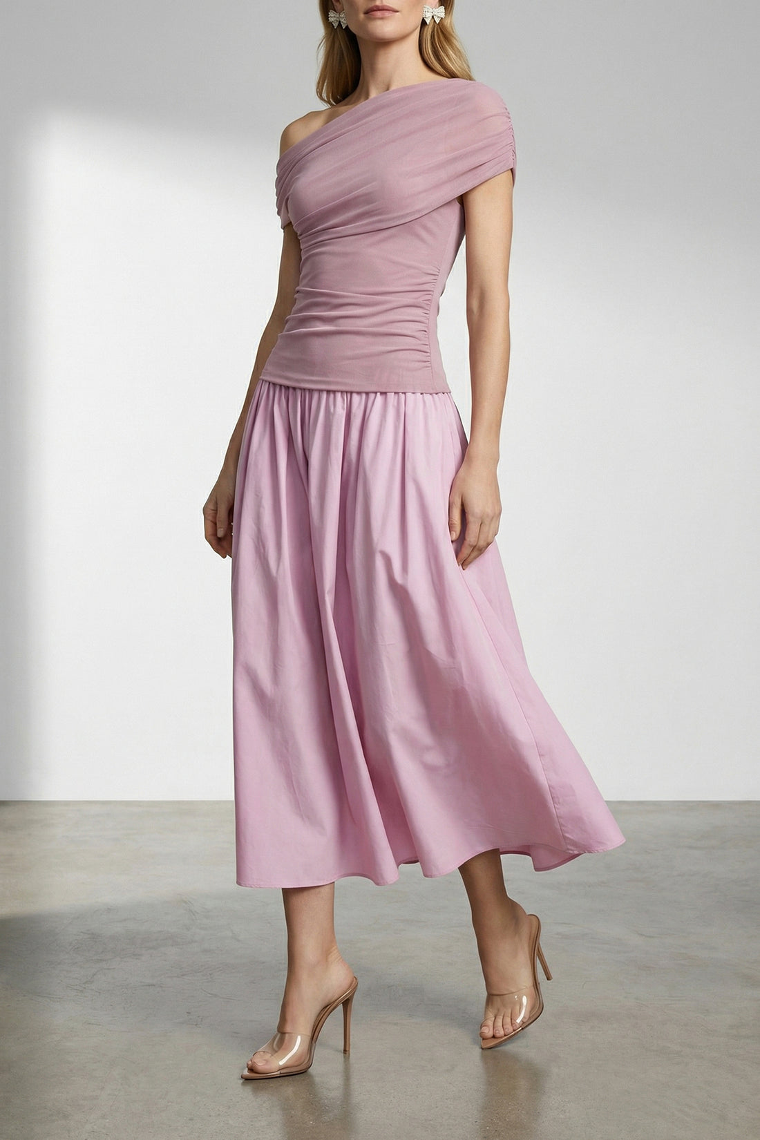 SELF PORTRAIT 8 pink cotton draped knit midi off-the-shoulder dress
