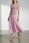 pink cotton draped knit midi off-the-shoulder dress