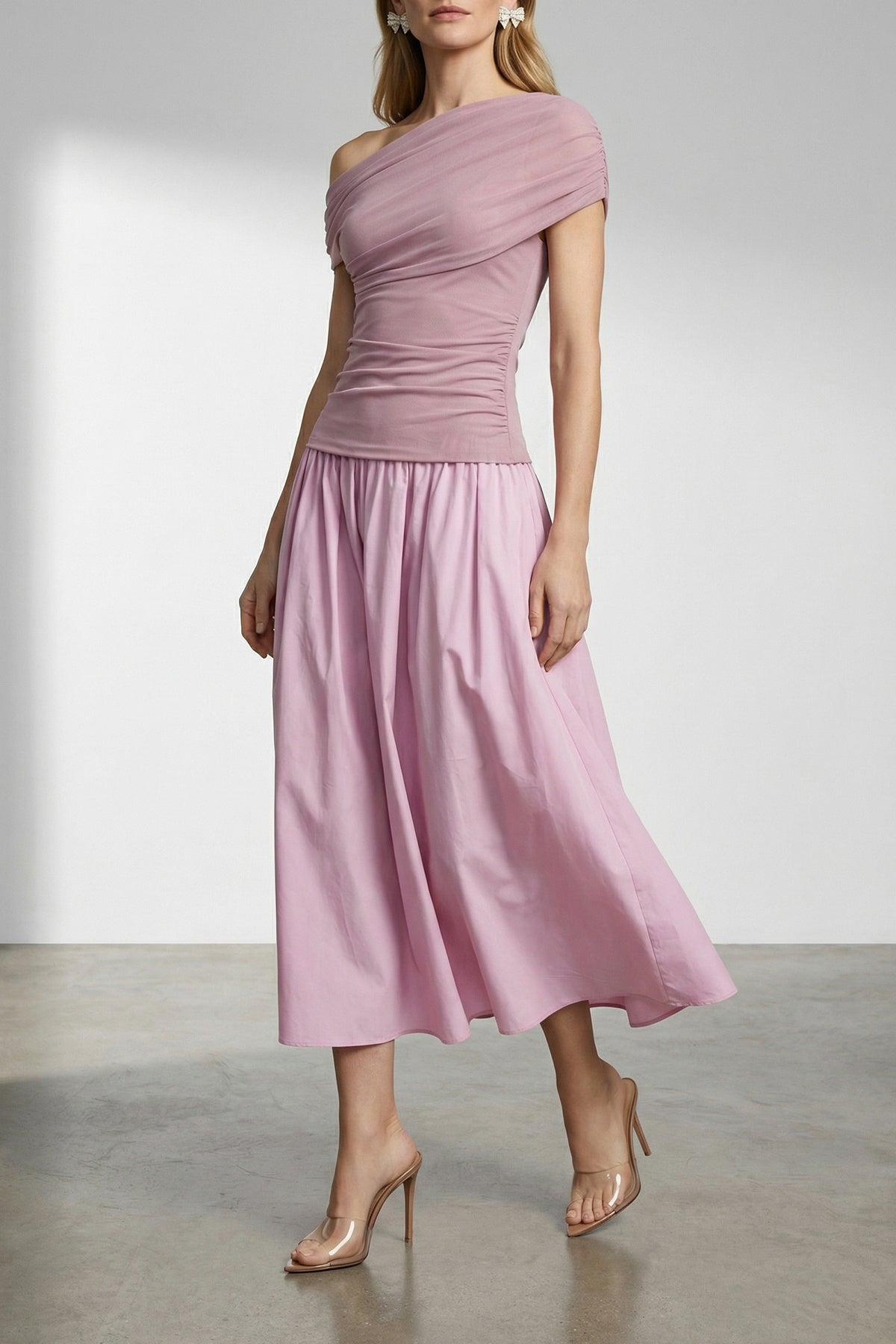 pink cotton draped knit midi off-the-shoulder dress