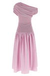 pink cotton draped knit midi off-the-shoulder dress