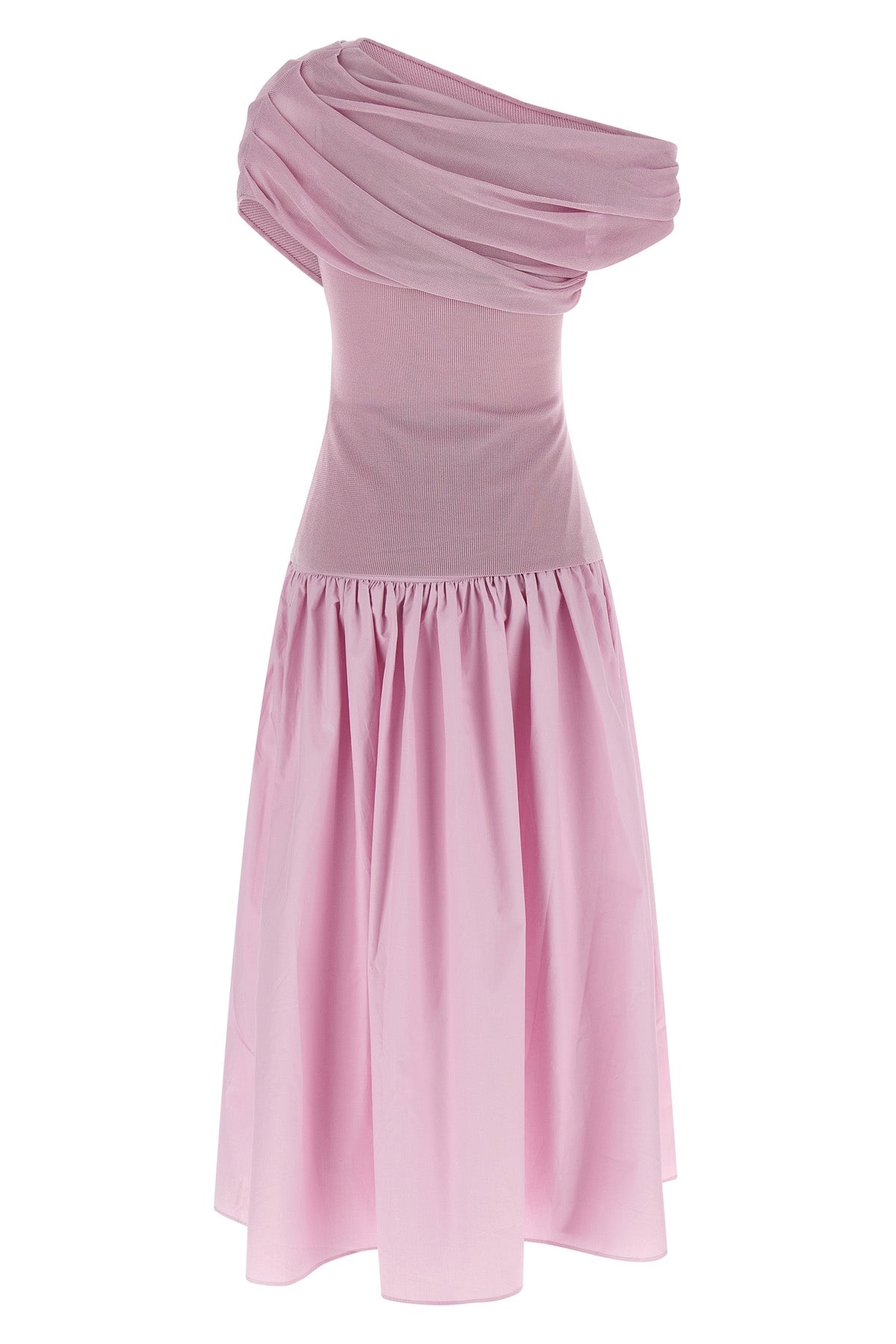 pink cotton draped knit midi off-the-shoulder dress