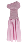 pink cotton draped knit midi off-the-shoulder dress