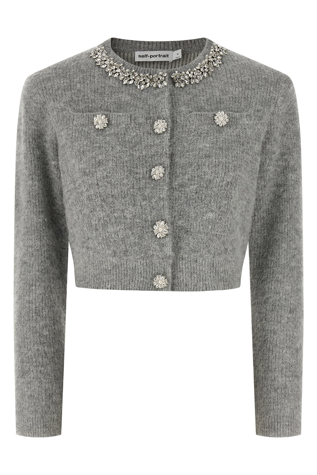 SELF PORTRAIT XS grey fluffy crystal trim cardigan in alpaca and wool blend