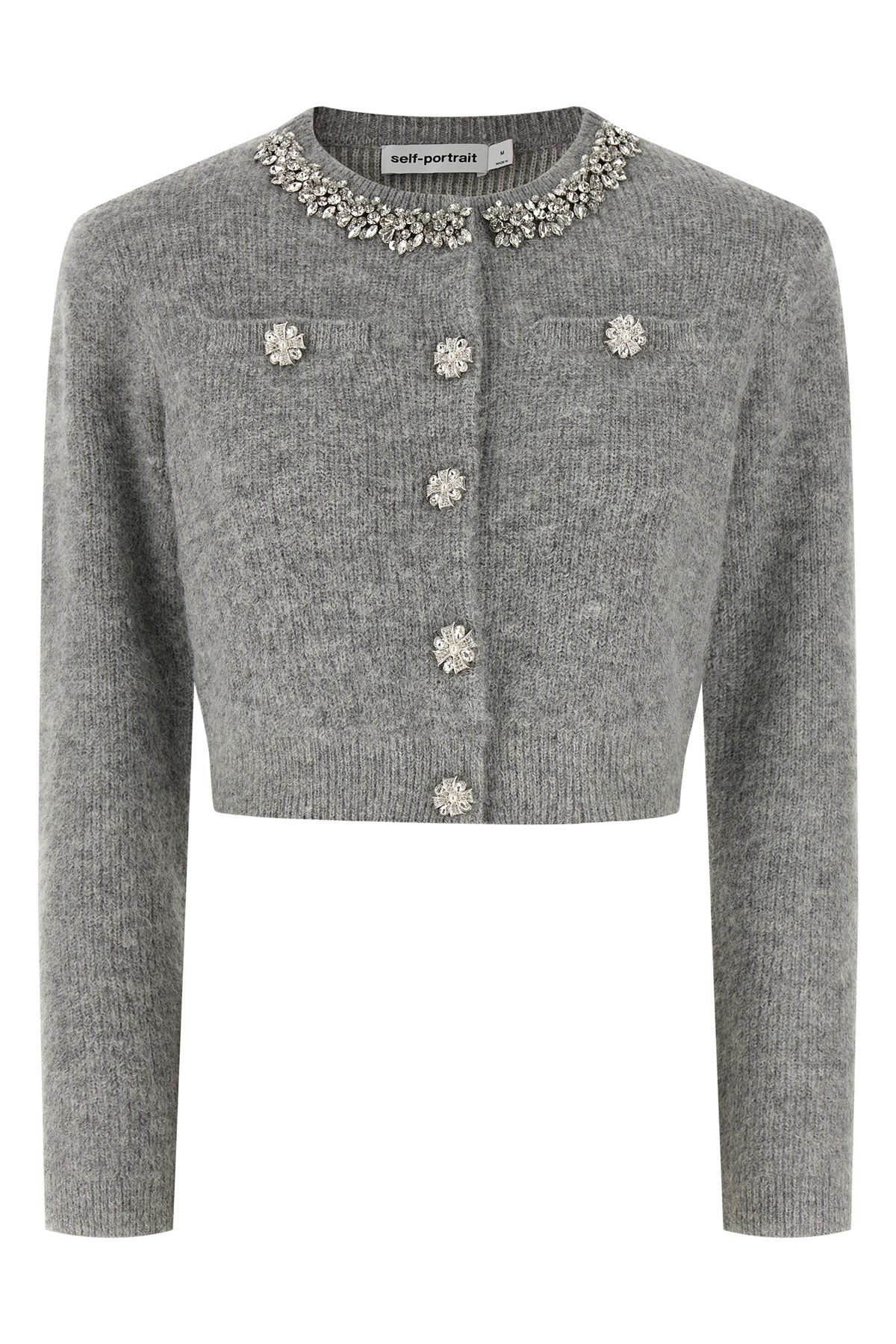 grey fluffy crystal trim cardigan in alpaca and wool blend