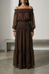 brown georgette off shoulder maxi dress in crinkled georgette
