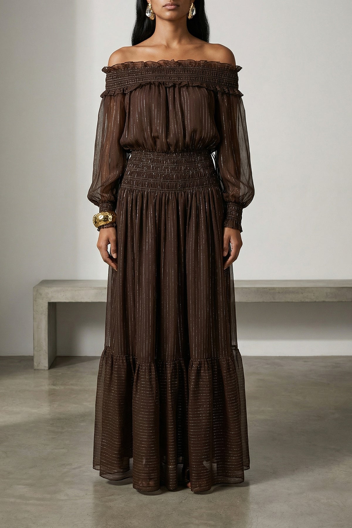brown georgette off shoulder maxi dress in crinkled georgette