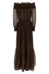 brown georgette off shoulder maxi dress in crinkled georgette