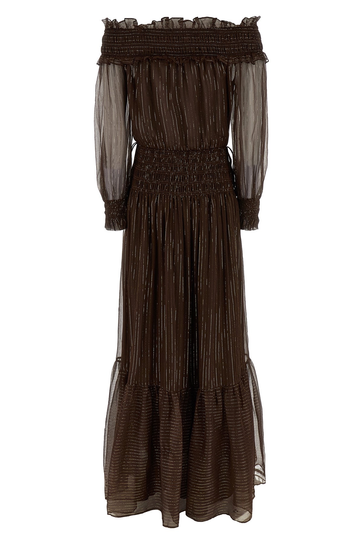 brown georgette off shoulder maxi dress in crinkled georgette