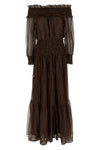 brown georgette off shoulder maxi dress in crinkled georgette