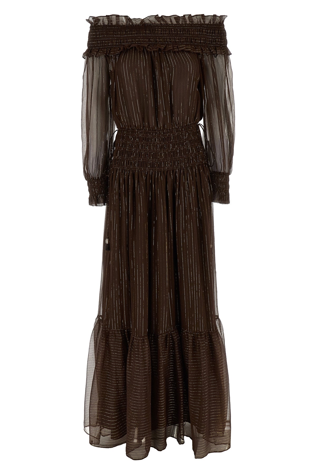 brown georgette off shoulder maxi dress in crinkled georgette
