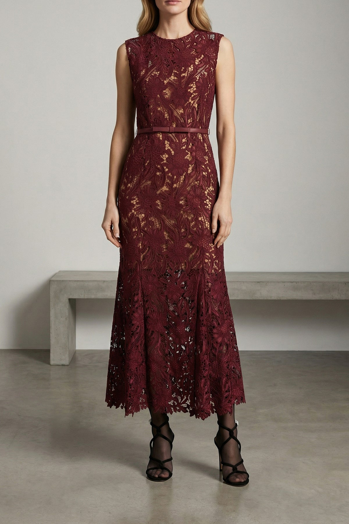 burgundy guipure lace midi floral guipure lace dress