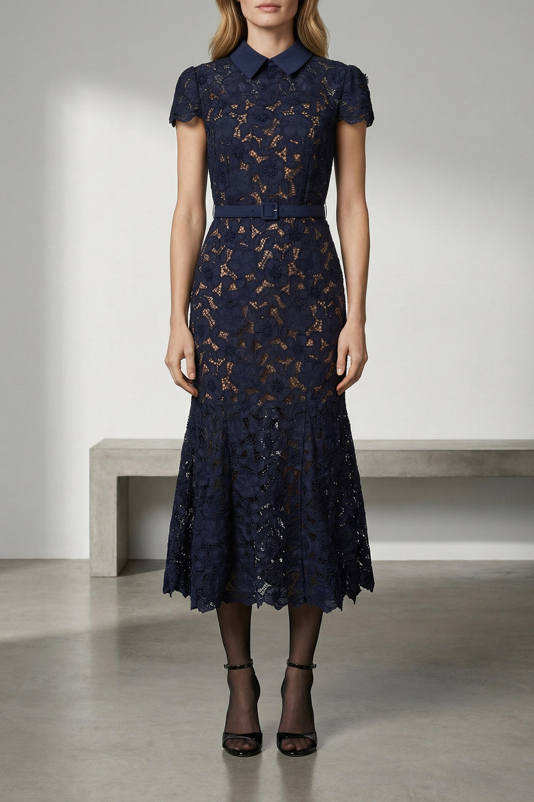 SELF PORTRAIT 8 guipure semi-transparent lace navy guipure lace midi dress
