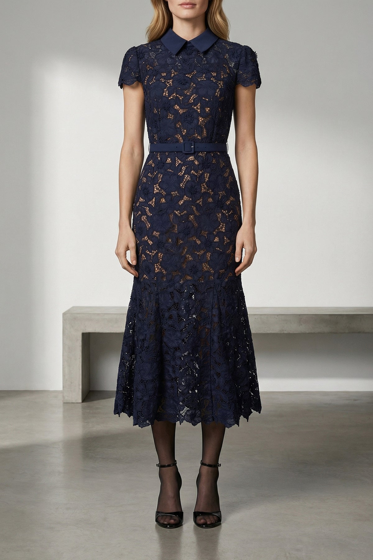 guipure semi-transparent lace navy guipure lace midi dress