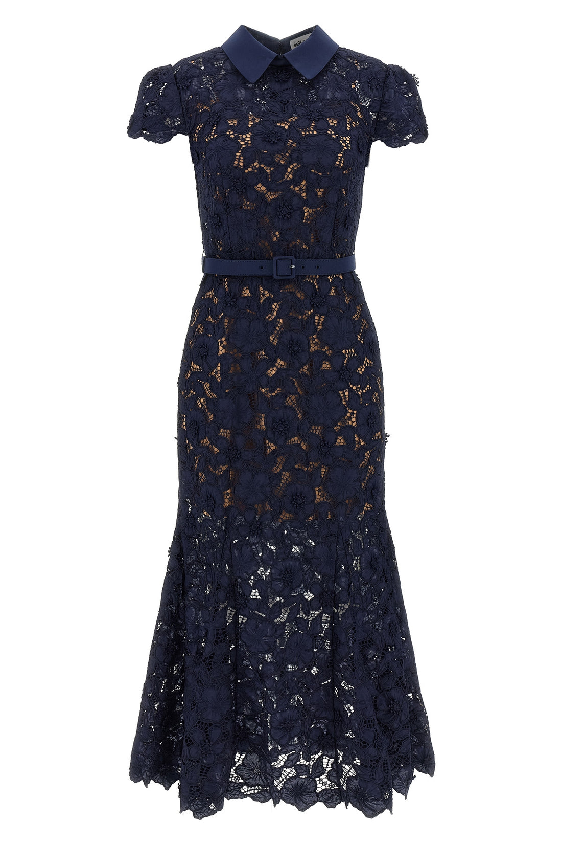 SELF PORTRAIT 8 guipure semi-transparent lace navy guipure lace midi dress