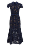guipure semi-transparent lace navy guipure lace midi dress