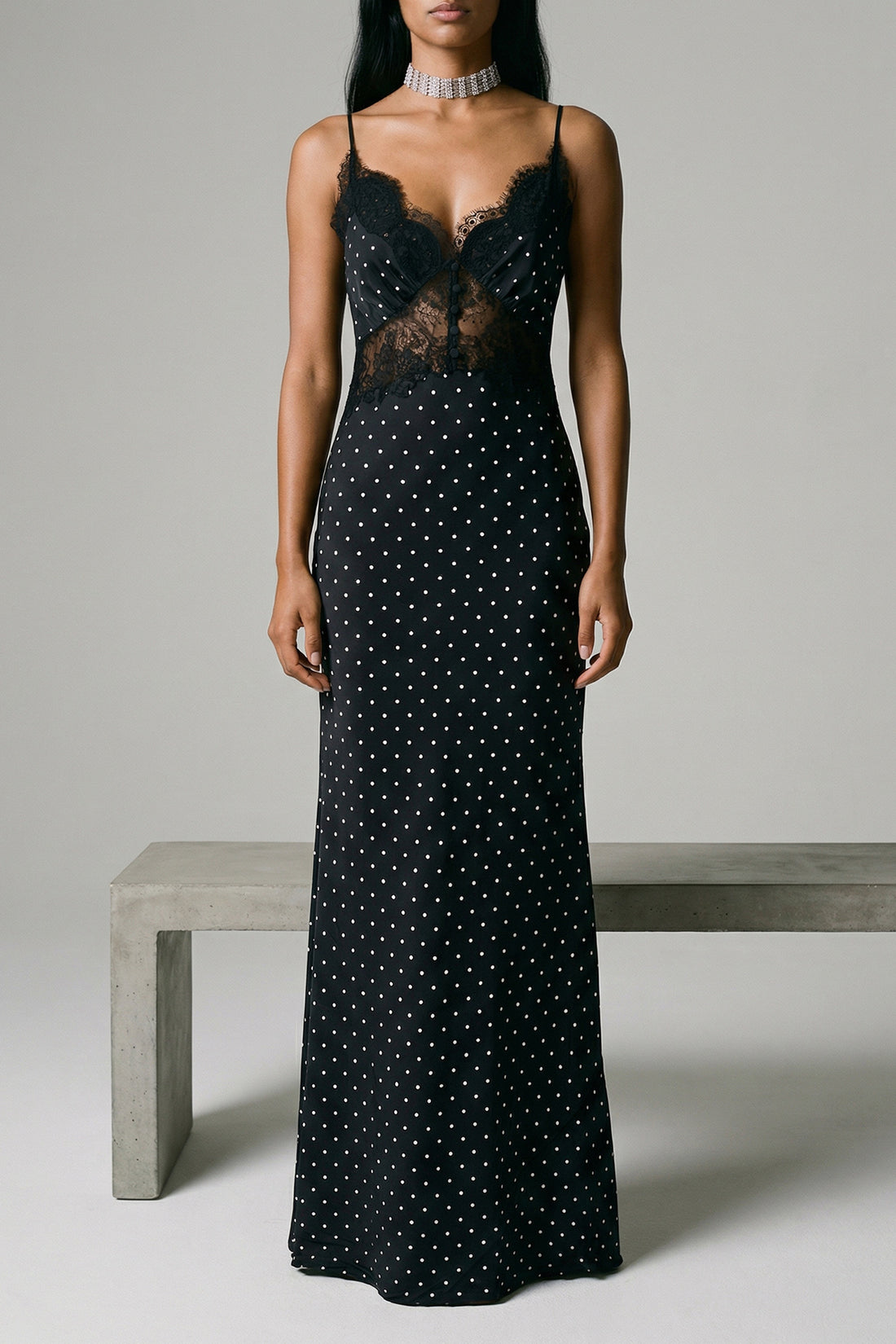 SELF PORTRAIT 8 polka dot satin lace maxi polka dot print satin dress