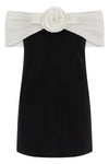 black crêpe flower mini off-the-shoulder crêpe dress