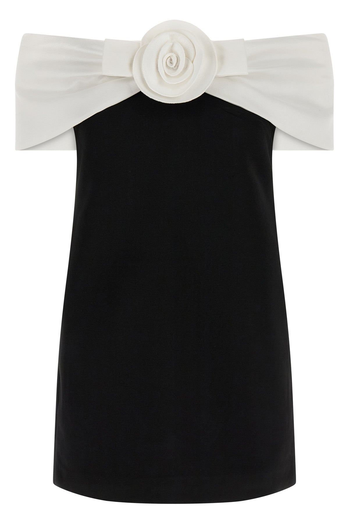 black crêpe flower mini off-the-shoulder crêpe dress