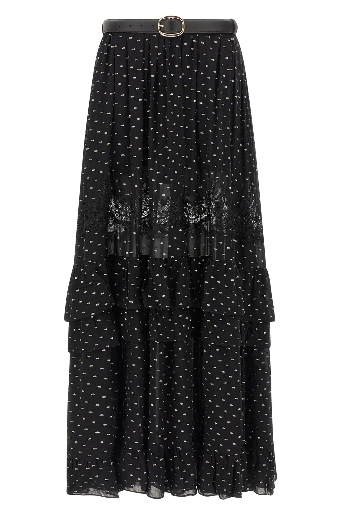 SELF PORTRAIT 6 black and gold chiffon lace maxi metallic fil coupé skirt
