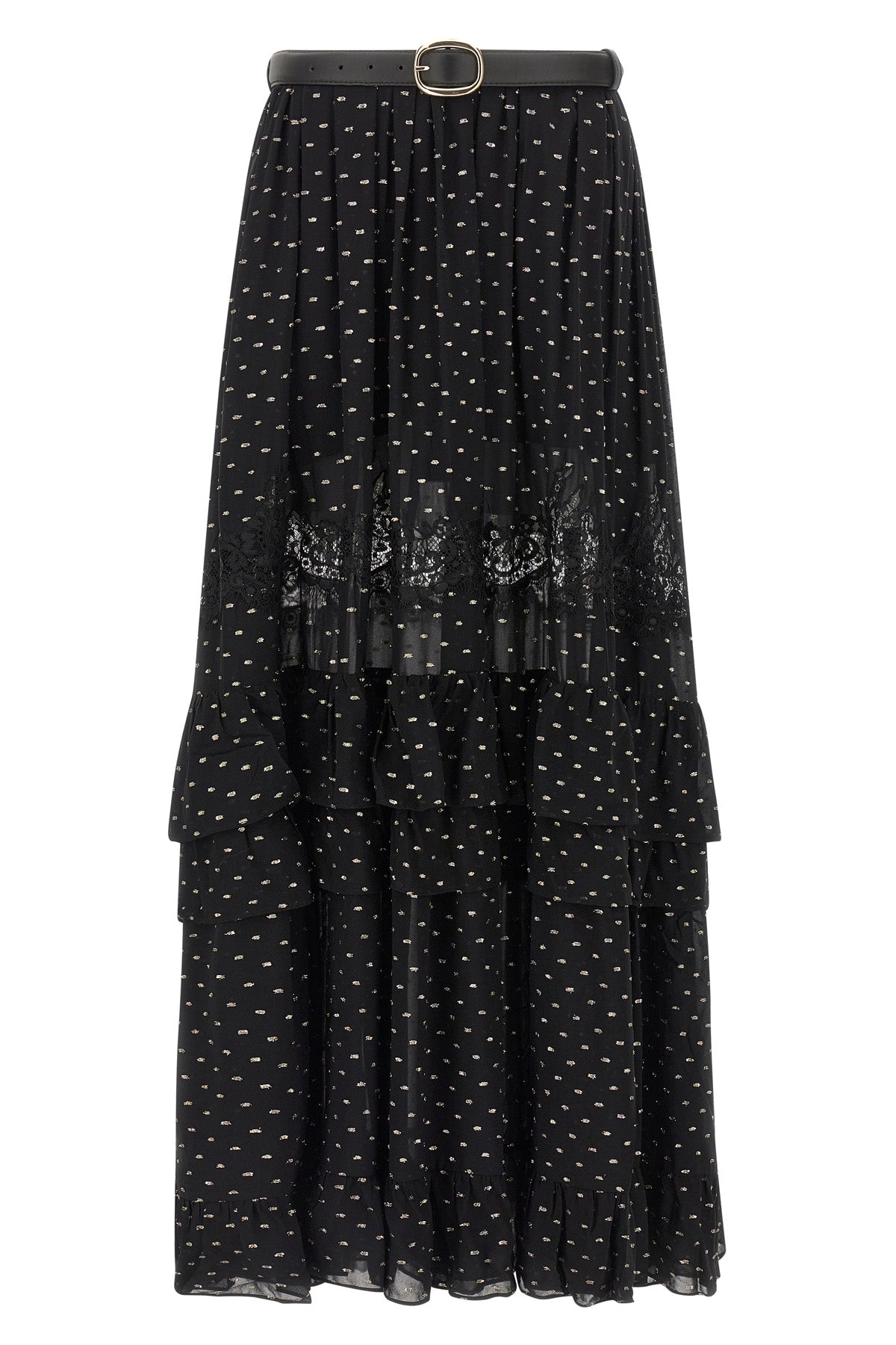 black and gold chiffon lace maxi metallic fil coupé skirt