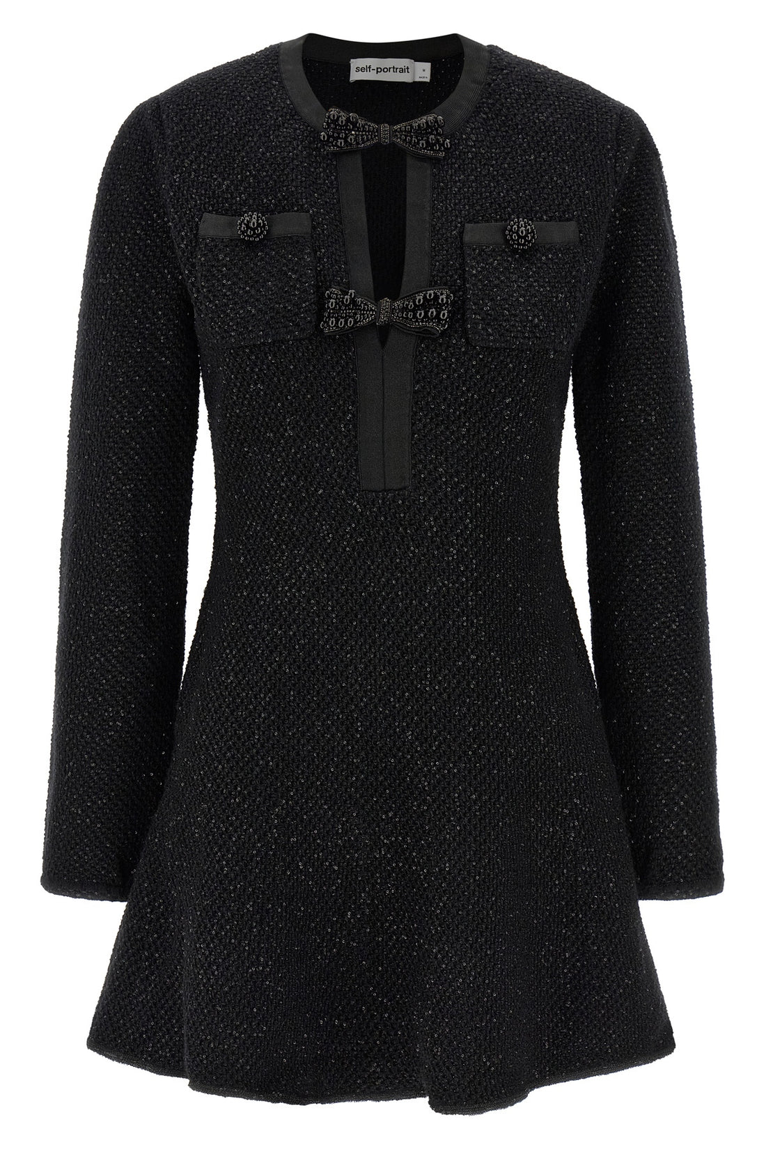 SELF PORTRAIT XS black sequin knit mini cotton and wool blend knit dress