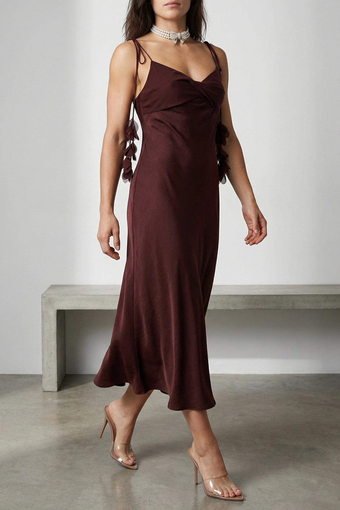 SELF PORTRAIT 8 burgundy satin flower midi satin dress