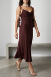 burgundy satin flower midi satin dress